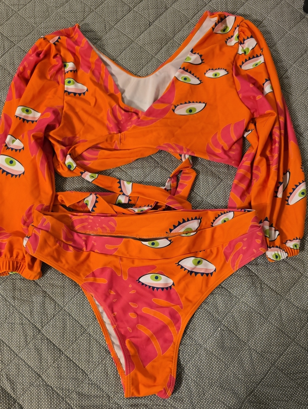 Orange & Pink Eye Print Bikini Set